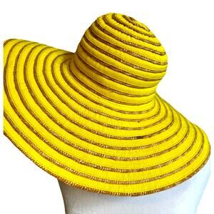 Floppy Sun Hat Bright Yellow Gold Stripes Straw Packable Resort Cruise Boho OS